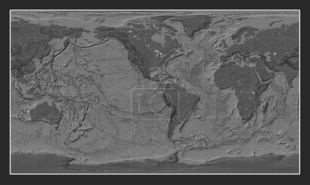 Foto de Límites de placas tectónicas en el mapa de elevación de bileveles del mundo en la proyección cilíndrica Patterson centrada en la longitud del meridiano 90 oeste - Imagen libre de derechos