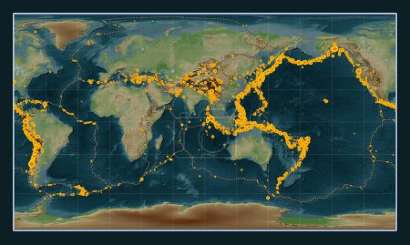 Foto de Ubicaciones de terremotos por encima de 6,5 magnitudes registradas desde principios del siglo XVII en el mapa de elevación de estilo wiki mundial en la proyección cilíndrica Patterson centrada en la longitud 90 meridiano este - Imagen libre de derechos