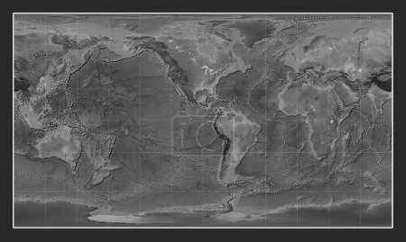 Téléchargez les photos : Limites des plaques tectoniques sur la carte de l'altitude en niveaux de gris dans la projection cylindrique de Patterson centrée sur la 90e longitude ouest du méridien - en image libre de droit