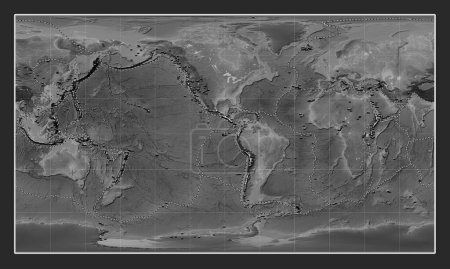 Photo for Distribution of known volcanoes on the world grayscale elevation map in the Patterson Cylindrical projection centered on the 90th meridian west longitude - Royalty Free Image
