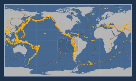 Foto de Localizaciones de terremotos por encima de 6,5 magnitudes registradas desde principios del siglo XVII en el mapa de contorno sólido mundial en la proyección cilíndrica Patterson centrada en la longitud del meridiano 90 oeste - Imagen libre de derechos