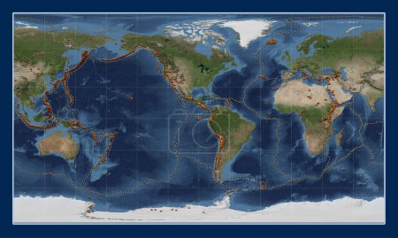 Téléchargez les photos : Distribution of known volcanoes on the world blue Carte satellite en marbre dans la projection cylindrique de Patterson centrée sur le 90e méridien longitude ouest - en image libre de droit