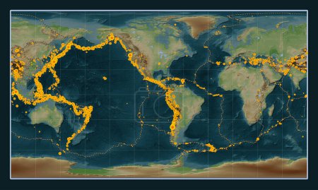 Foto de Localizaciones de terremotos por encima de 6,5 magnitudes registradas desde principios del siglo XVII en el mapa de elevación de estilo wiki mundial en la proyección cilíndrica Patterson centrada en la longitud del meridiano 90 oeste - Imagen libre de derechos