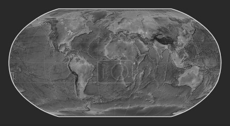 Foto de Límites de placas tectónicas en el mapa de elevación a escala de grises del mundo en la proyección Robinson centrada en el meridiano primario - Imagen libre de derechos
