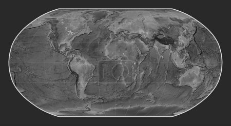 Foto de Mapa mundial de elevación a escala de grises en la proyección de Robinson centrada en el meridiano primario - Imagen libre de derechos