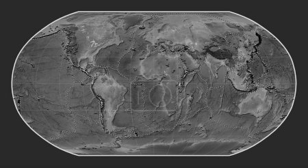 Foto de Distribución de volcanes conocidos en el mapa mundial de elevación a escala de grises en la proyección de Robinson centrada en el meridiano primario - Imagen libre de derechos