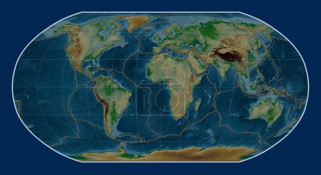 Foto de Límites de placas tectónicas en el mapa de elevación física mundial en la proyección Robinson centrada en el meridiano primario - Imagen libre de derechos