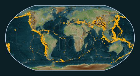 Photo for Locations of earthquakes above 6.5 magnitude recorded since the early 17th century on the world wiki style elevation map in the Robinson projection centered on the prime meridian - Royalty Free Image