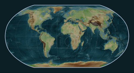 Téléchargez les photos : Carte d'élévation de style wiki du monde dans la projection Robinson centrée sur le méridien principal - en image libre de droit