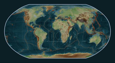 Foto de Distribución de volcanes conocidos en el mapa de elevación de estilo wiki del mundo en la proyección de Robinson centrada en el meridiano principal - Imagen libre de derechos
