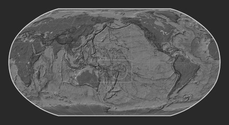 Foto de Mapa mundial de elevación bilevel en la proyección Robinson centrado en la línea de fecha - Imagen libre de derechos
