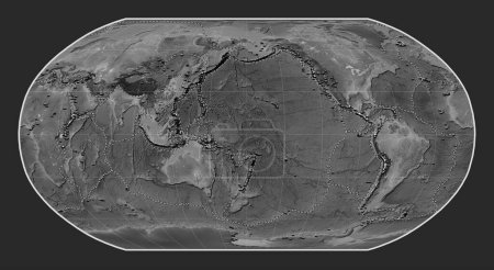 Photo for Distribution of known volcanoes on the world grayscale elevation map in the Robinson projection centered on the date line - Royalty Free Image