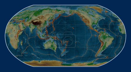 Photo for Distribution of known volcanoes on the world physical elevation map in the Robinson projection centered on the date line - Royalty Free Image
