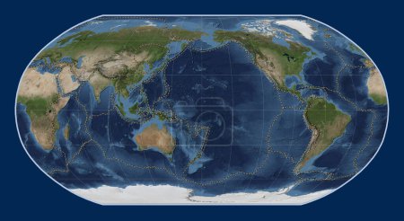Photo for Tectonic plate boundaries on the world blue Marble satellite map in the Robinson projection centered on the date line - Royalty Free Image