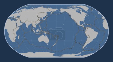 Foto de Límites de placas tectónicas en el mapa de contorno sólido mundial en la proyección Robinson centrada en la línea de fecha - Imagen libre de derechos