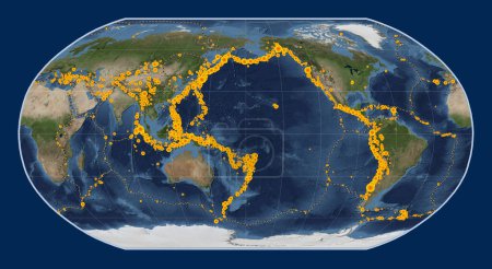 Photo for Locations of earthquakes above Richter 6.5 recorded since the early 17th century on the world blue Marble satellite map in the Robinson projection centered on the date line - Royalty Free Image