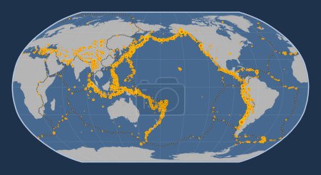 Photo for Locations of earthquakes above Richter 6.5 recorded since the early 17th century on the world solid contour map in the Robinson projection centered on the date line - Royalty Free Image