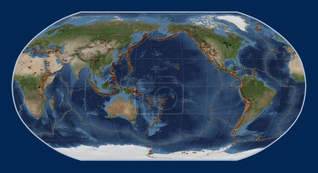 Photo for Distribution of known volcanoes on the world blue Marble satellite map in the Robinson projection centered on the date line - Royalty Free Image