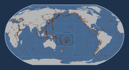 Photo for Distribution of known volcanoes on the world solid contour map in the Robinson projection centered on the date line - Royalty Free Image