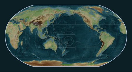 Foto de Mapa de elevación de estilo wikipedia mundial en la proyección Robinson centrado en la línea de fecha - Imagen libre de derechos