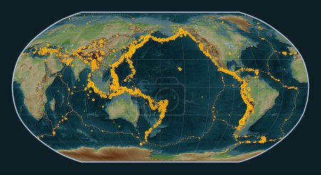 Téléchargez les photos : Emplacements des tremblements de terre au-dessus de Richter 6.5 enregistrés depuis le début du 17ème siècle sur la carte de l'altitude de style wikipédia dans la projection Robinson centrée sur la ligne de date - en image libre de droit