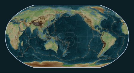 Foto de Límites de placas tectónicas en el mapa de elevación de estilo wikipedia mundial en la proyección Robinson centrada en la línea de fecha - Imagen libre de derechos