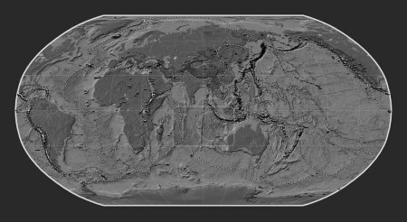 Photo for Distribution of known volcanoes on the world bilevel elevation map in the Robinson projection centered on the 90th meridian east longitude - Royalty Free Image