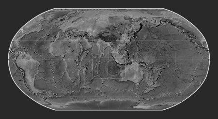 Téléchargez les photos : Distribution of known volcanoes on the world grayscale elevation map in the Robinson projection centered on the 90th meridian east longitude - en image libre de droit
