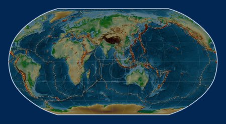 Foto de Distribución de volcanes conocidos en el mapa de elevación física mundial en la proyección Robinson centrada en la longitud 90 meridiano este - Imagen libre de derechos