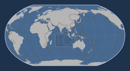Téléchargez les photos : Limites des plaques tectoniques sur la carte des contours solides du monde dans la projection Robinson centrée sur le 90e méridien longitude est - en image libre de droit