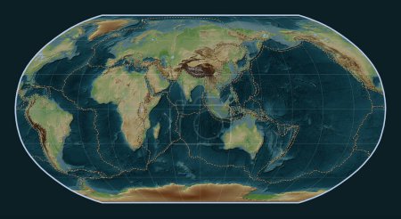 Photo for Tectonic plate boundaries on the world wikipedia style elevation map in the Robinson projection centered on the 90th meridian east longitude - Royalty Free Image