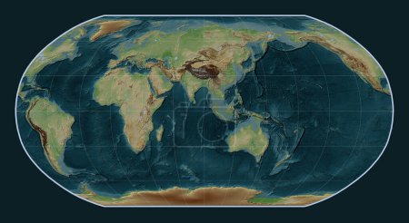 Photo for World wikipedia style elevation map in the Robinson projection centered on the 90th meridian east longitude - Royalty Free Image