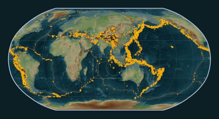 Photo for Locations of earthquakes above Richter 6.5 recorded since the early 17th century on the world wikipedia style elevation map in the Robinson projection centered on the 90th meridian east longitude - Royalty Free Image