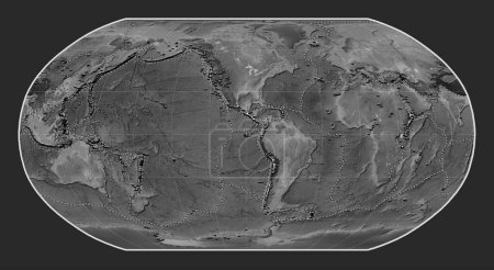 Téléchargez les photos : Distribution of known volcanoes on the world grayscale elevation map in the Robinson projection centered on the 90th meridian west longitude - en image libre de droit