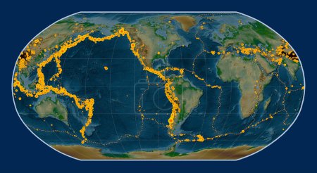 Photo for Locations of earthquakes above Richter 6.5 recorded since the early 17th century on the world physical elevation map in the Robinson projection centered on the 90th meridian west longitude - Royalty Free Image