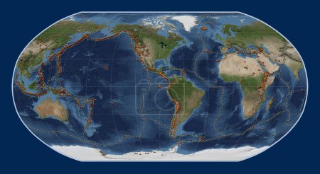 Photo for Distribution of known volcanoes on the world blue Marble satellite map in the Robinson projection centered on the 90th meridian west longitude - Royalty Free Image
