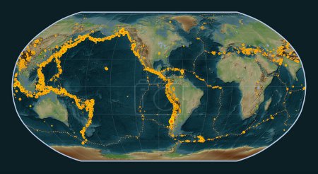 Foto de Ubicaciones de terremotos por encima de Richter 6.5 registradas desde principios del siglo XVII en el mapa de elevación de estilo wikipedia mundial en la proyección de Robinson centrada en la longitud del meridiano 90 oeste - Imagen libre de derechos