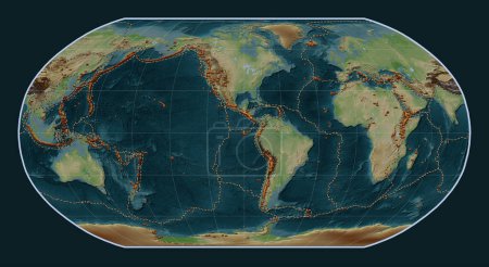 Photo for Distribution of known volcanoes on the world wikipedia style elevation map in the Robinson projection centered on the 90th meridian west longitude - Royalty Free Image