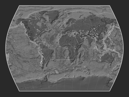Téléchargez les photos : Emplacements des tremblements de terre au-dessus de 6,5 magnitude enregistrée depuis le début du 17ème siècle sur la carte de l'altitude de bilevel mondiale dans la projection Times centrée sur le méridien principal - en image libre de droit