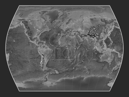 Foto de Localizaciones de terremotos por encima de 6,5 magnitudes registradas desde principios del siglo XVII en el mapa de elevación a escala de grises mundial en la proyección Times centrada en el meridiano primario - Imagen libre de derechos