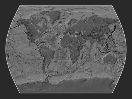 Téléchargez les photos : Répartition des volcans connus sur la carte des altitudes bilevel du monde dans la projection Times centrée sur le méridien principal - en image libre de droit