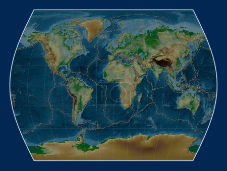 Foto de Límites de placas tectónicas en el mapa de elevación física mundial en la proyección Times centrada en el meridiano primario - Imagen libre de derechos