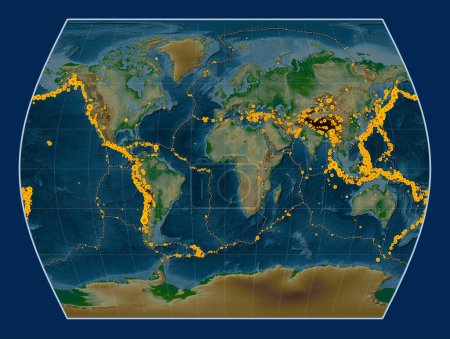 Foto de Localizaciones de terremotos por encima de 6,5 magnitudes registradas desde principios del siglo XVII en el mapa de elevación física mundial en la proyección Times centrada en el meridiano primario - Imagen libre de derechos