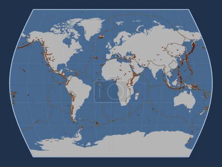 Foto de Distribución de volcanes conocidos en el mapa del contorno sólido mundial en la proyección Times centrada en el meridiano primario - Imagen libre de derechos