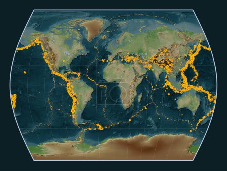 Photo for Locations of earthquakes above 6.5 magnitude recorded since the early 17th century on the world wiki style elevation map in the Times projection centered on the prime meridian - Royalty Free Image