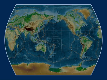 Foto de Límites de placas tectónicas en el mapa de elevación física mundial en la proyección Times centrada en la línea de fecha - Imagen libre de derechos