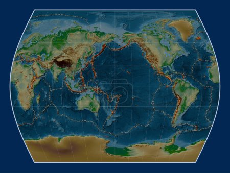 Photo for Distribution of known volcanoes on the world physical elevation map in the Times projection centered on the date line - Royalty Free Image