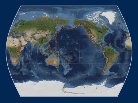 Photo for Distribution of known volcanoes on the world blue Marble satellite map in the Times projection centered on the date line - Royalty Free Image