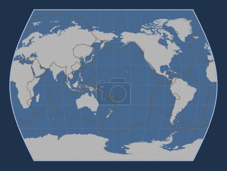 Foto de Límites de placas tectónicas en el mapa de contorno sólido mundial en la proyección Times centrada en la línea de fecha - Imagen libre de derechos