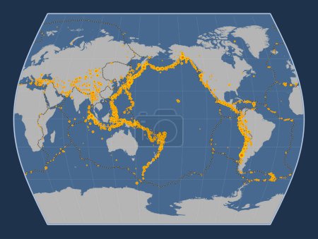 Photo for Locations of earthquakes above Richter 6.5 recorded since the early 17th century on the world solid contour map in the Times projection centered on the date line - Royalty Free Image